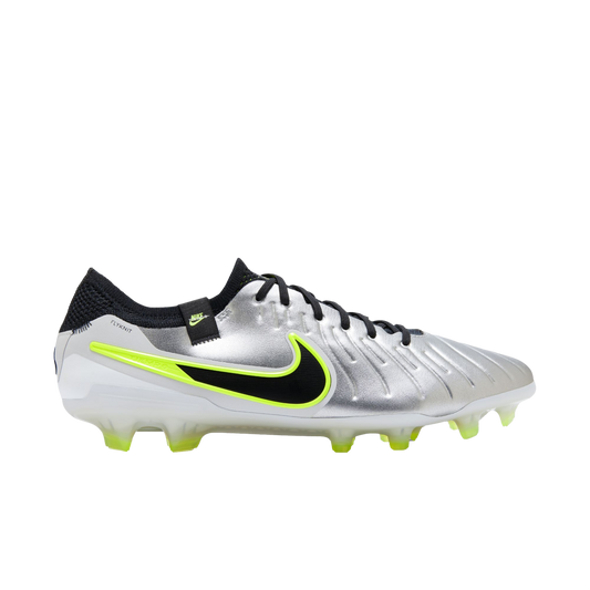 (NIKE-DV4328-001) Botas de fútbol para terreno firme Nike Tiempo Legend 10 Elite [PLATA METALIZADA/NEGRO VOLTIO] (lanzamiento el 14/10/24)