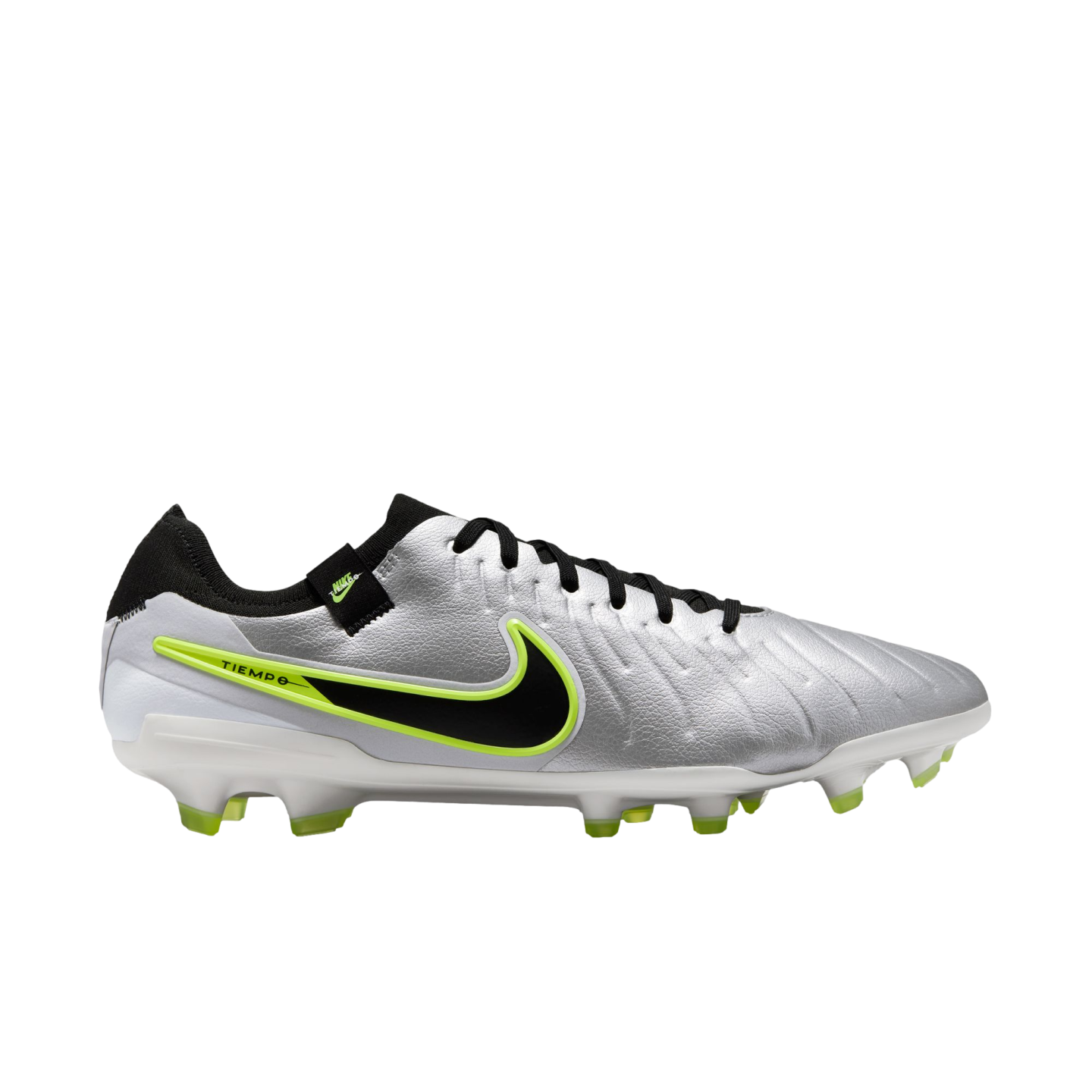 (NIKE-DV4333-001) Botas de fútbol para terreno firme Nike Tiempo Legend 10 Pro [PLATA METALIZADA/NEGRO VOLTIO] (lanzamiento el 17/10/24)