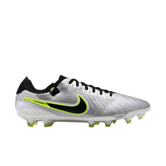 (NIKE-DV4333-001) Botas de fútbol para terreno firme Nike Tiempo Legend 10 Pro [PLATA METALIZADA/NEGRO VOLTIO] (lanzamiento el 17/10/24)