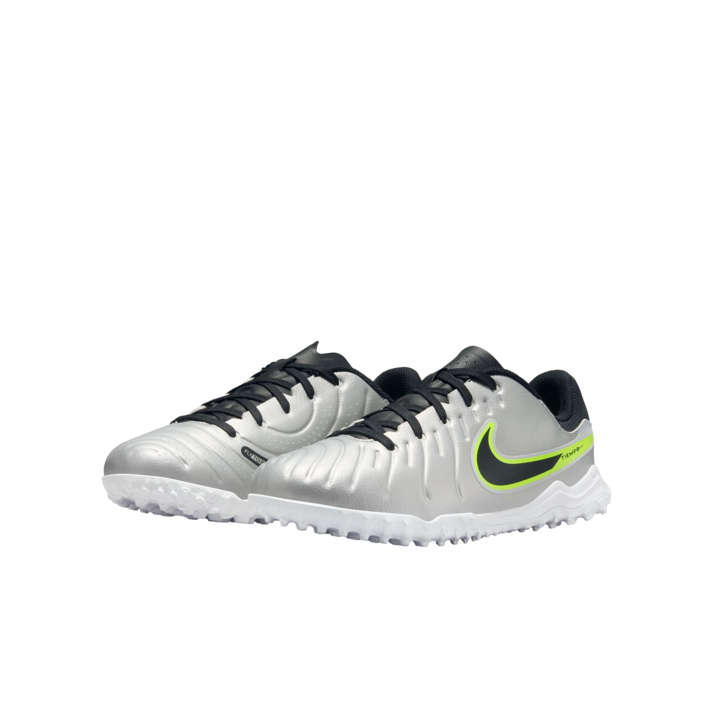 (NIKE-DV4351-001) Zapatillas de fútbol para jóvenes Nike Tiempo Legend 10 Academy [PLATA METALIZADA/NEGRO VOLTIO] (lanzamiento el 17/10/24)