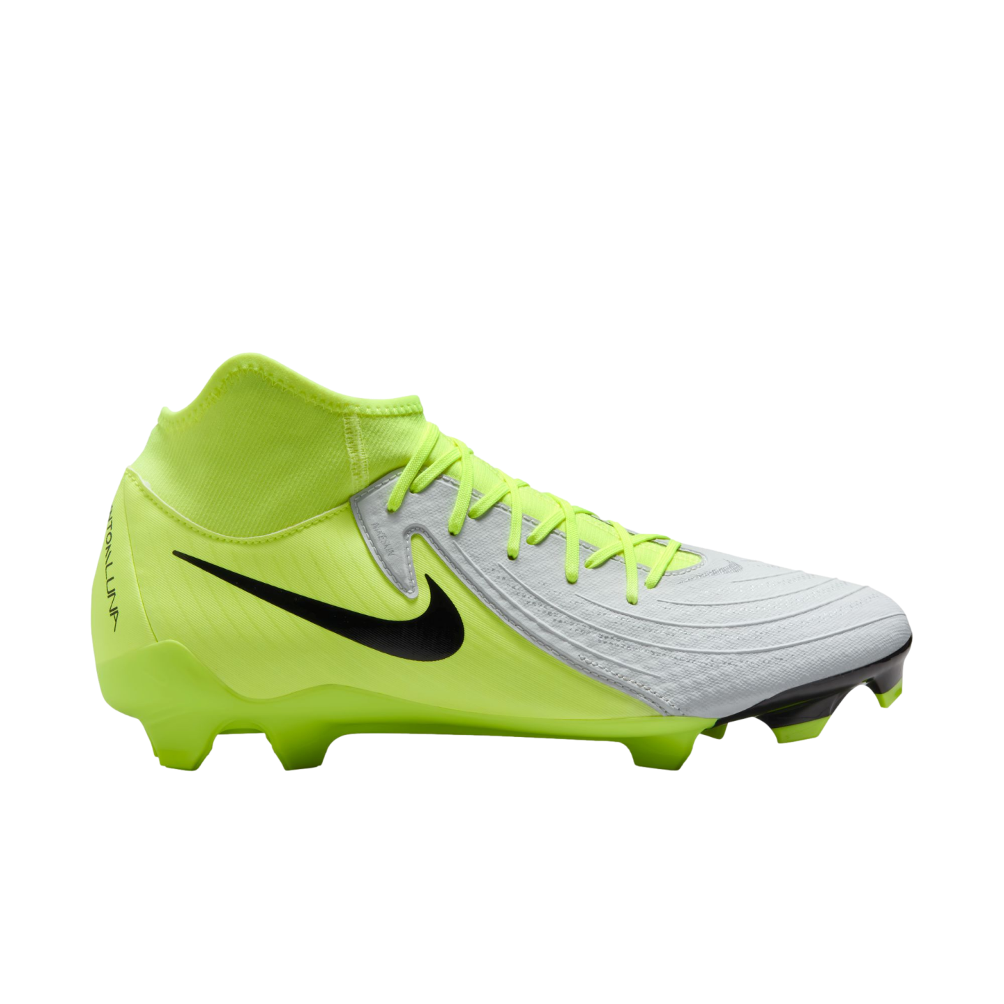 (NIKE-FD6725-003) Botas de fútbol para terreno firme Nike Phantom Luna 2 Academy [PLATA METALIZADA/NEGRO VOLTIO] (lanzamiento el 17/10/24)