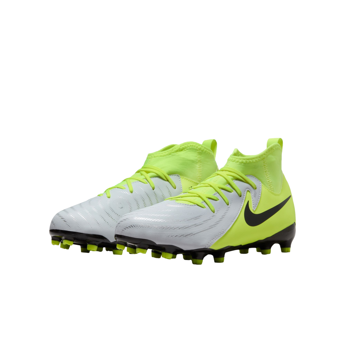 (NIKE-FJ2603-003) Botas de fútbol para terreno firme para jóvenes Nike Phantom Luna 2 Academy [PLATA METALIZADA/NEGRO VOLTIO] (lanzamiento el 17/10/24)