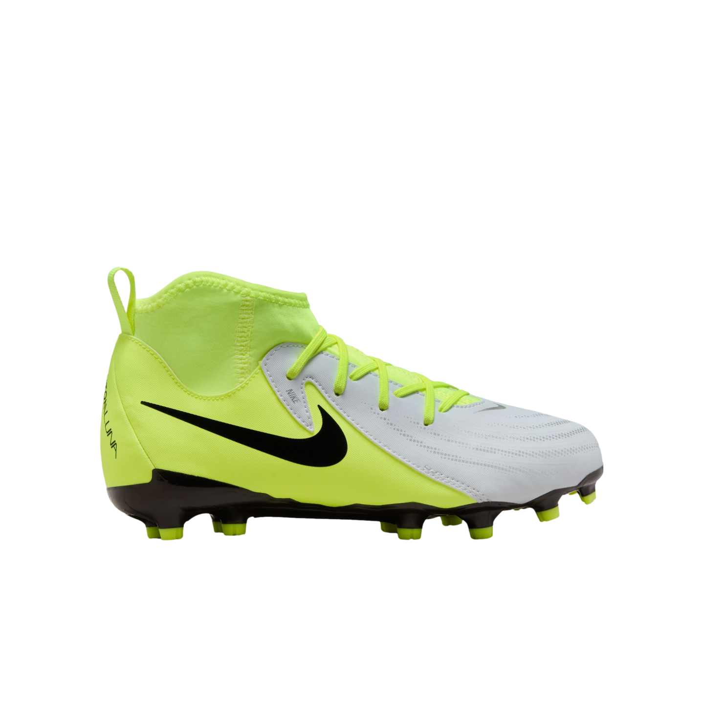 (NIKE-FJ2603-003) Botas de fútbol para terreno firme para jóvenes Nike Phantom Luna 2 Academy [PLATA METALIZADA/NEGRO VOLTIO] (lanzamiento el 17/10/24)