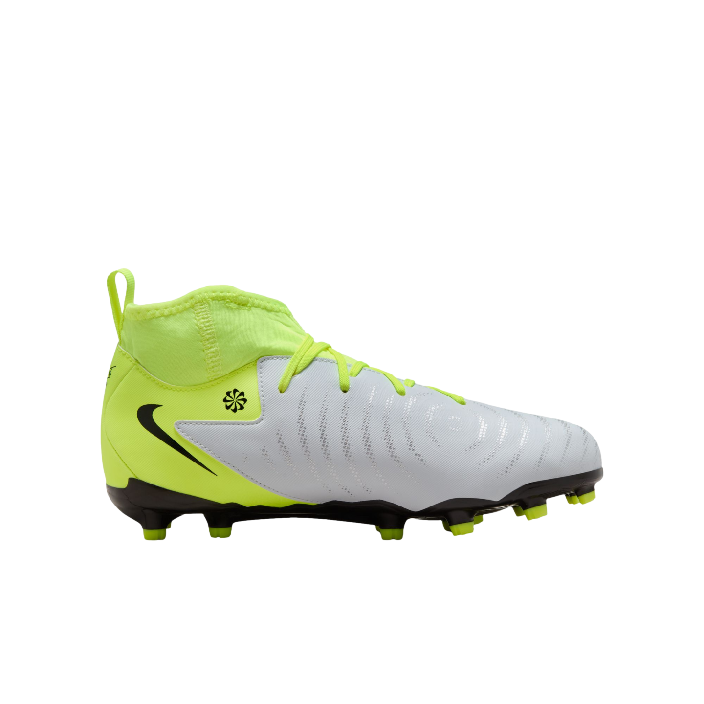 (NIKE-FJ2603-003) Botas de fútbol para terreno firme para jóvenes Nike Phantom Luna 2 Academy [PLATA METALIZADA/NEGRO VOLTIO] (lanzamiento el 17/10/24)