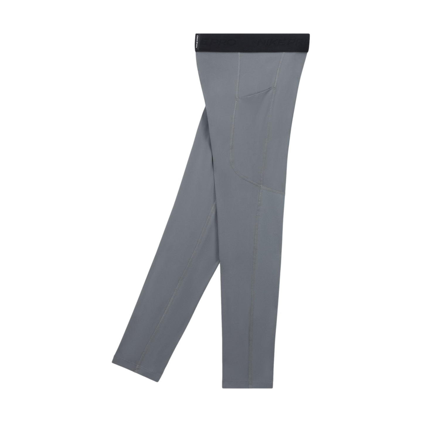 A pair of grey Nike Pro athletic leggings featuring side pockets and a wide black waistband with the brand name.