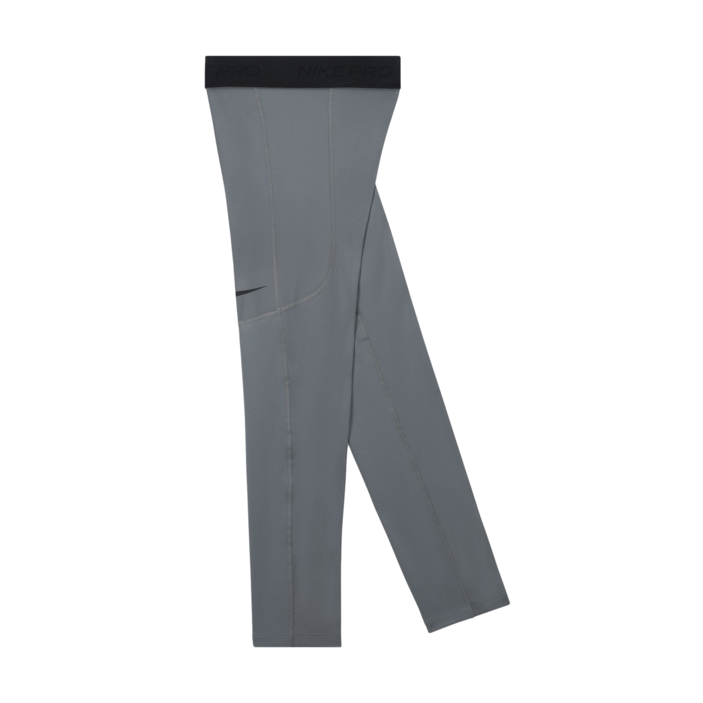 Grey Nike Pro leggings with a black elastic waistband and a small black swoosh logo on the thigh, shown against a solid black background.