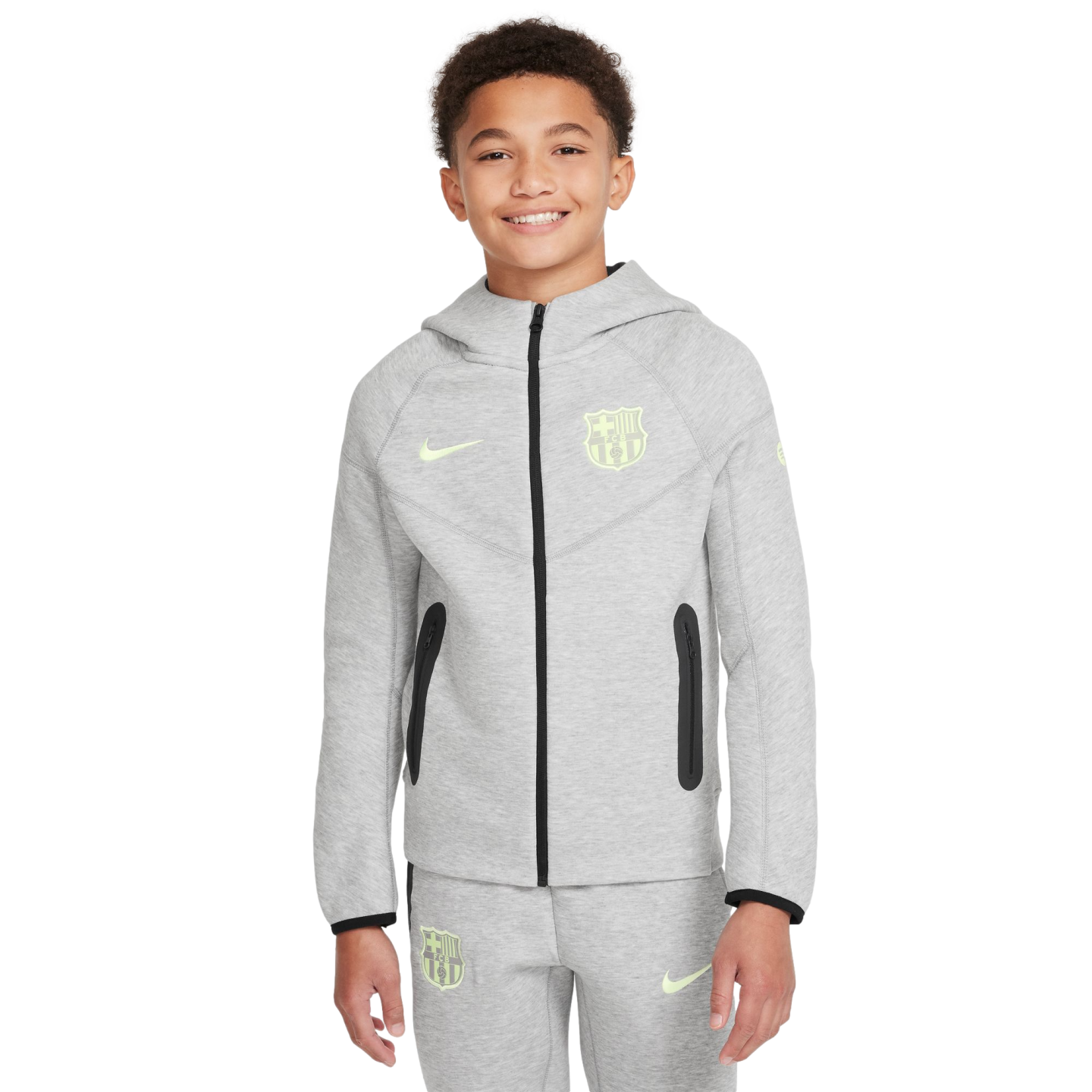 (NIKE-FN8500-065) Sudadera con capucha y cierre completo Nike Barcelona Tech Fleece para jóvenes [GRIS DK JASPEADO/NEGRO/BARELY VOLT] (lanzamiento el 1/9/24)