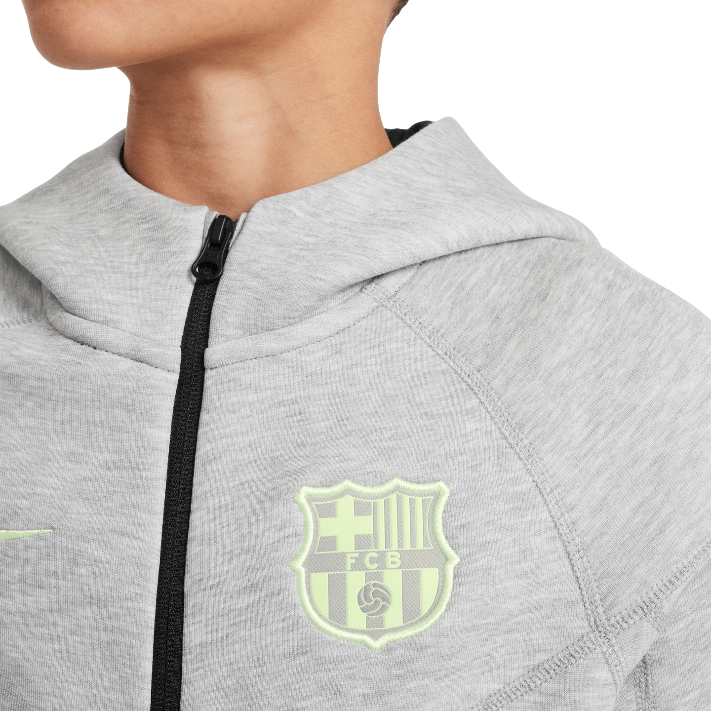 (NIKE-FN8500-065) Sudadera con capucha y cierre completo Nike Barcelona Tech Fleece para jóvenes [GRIS DK JASPEADO/NEGRO/BARELY VOLT] (lanzamiento el 1/9/24)