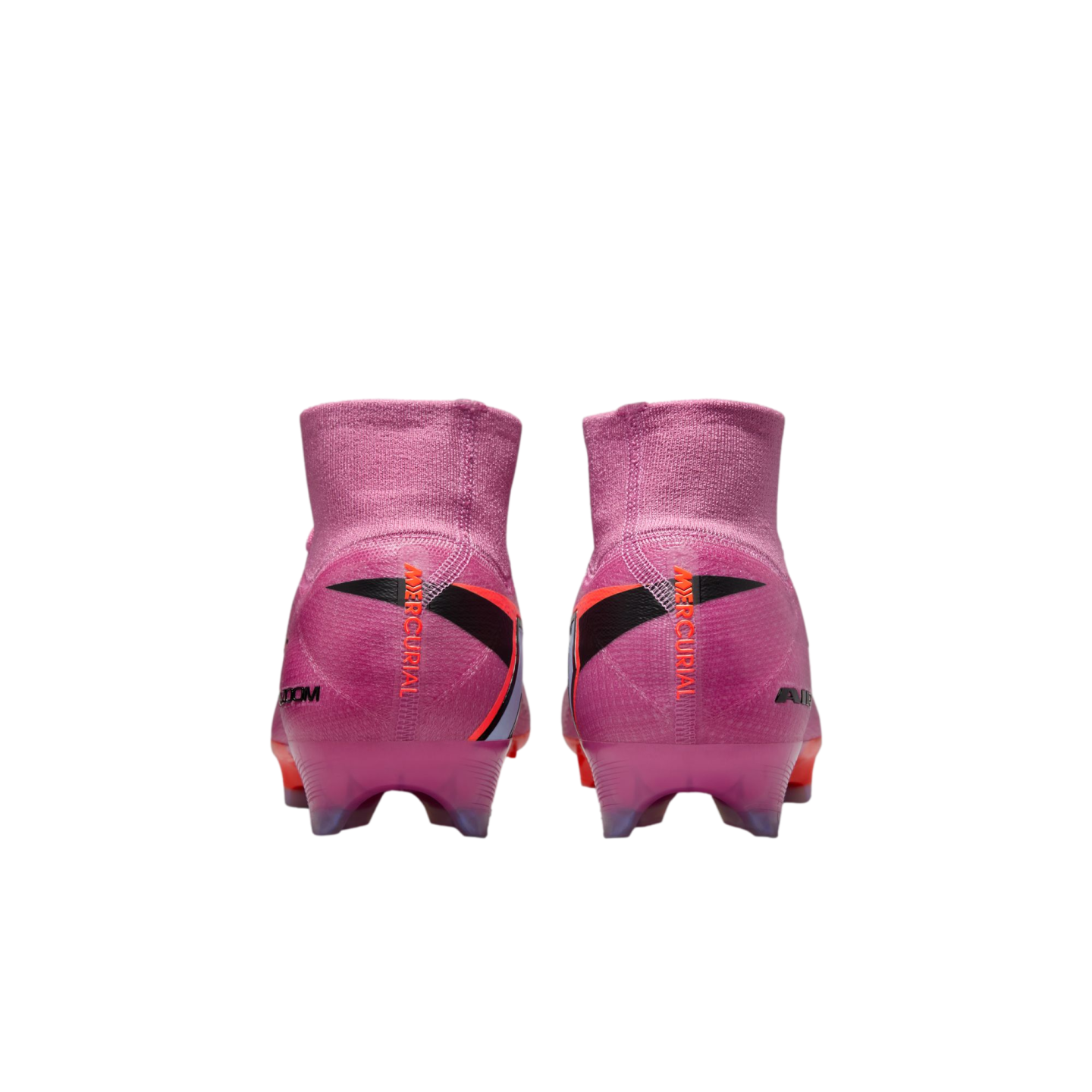 Rear view of bright pink Nike Mercurial soccer cleats with high-top ankle collars and vertical "MERCURIAL" branding on the heels.