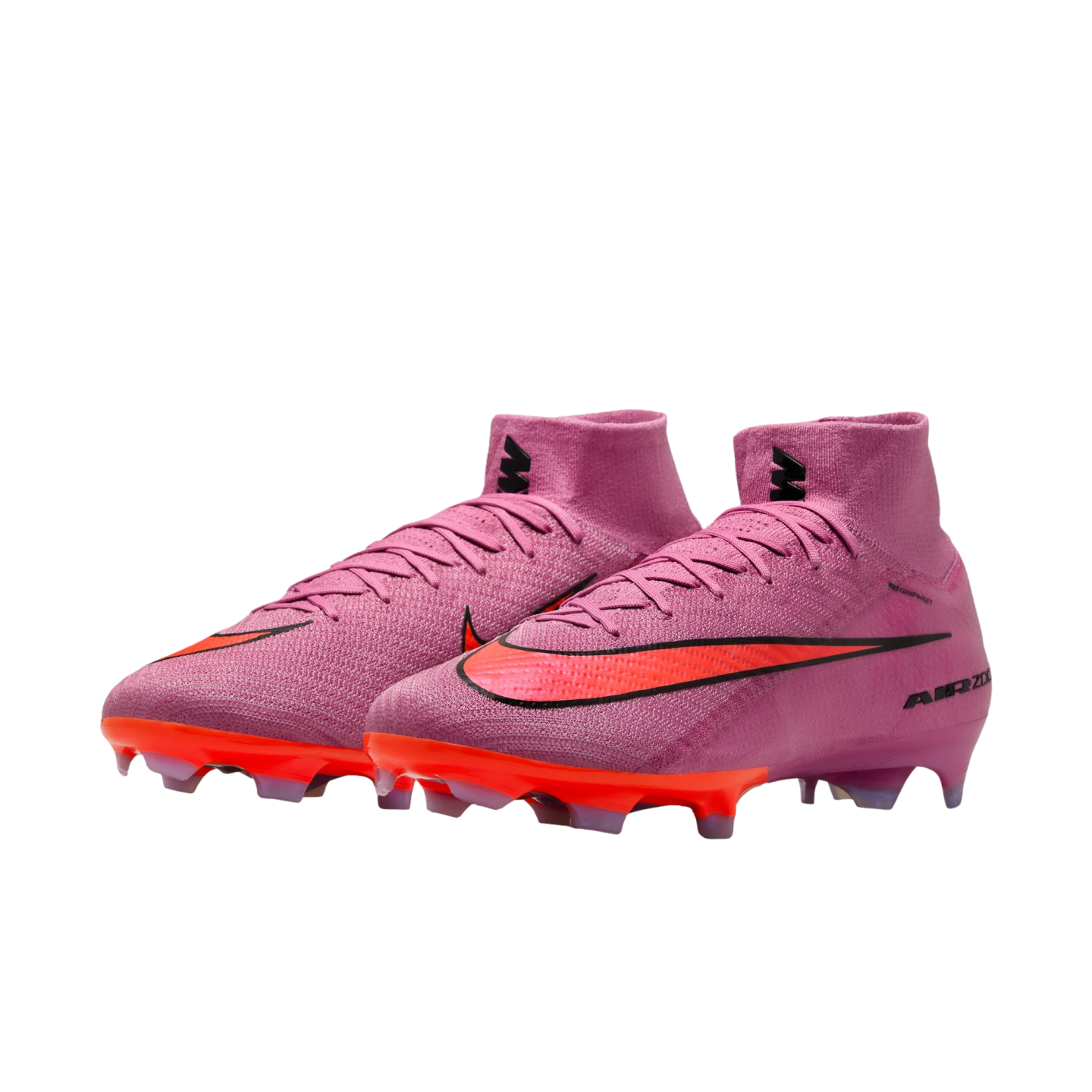 Pink Nike Mercurial Superfly soccer cleats with orange swooshes and high-top collars on a black background.