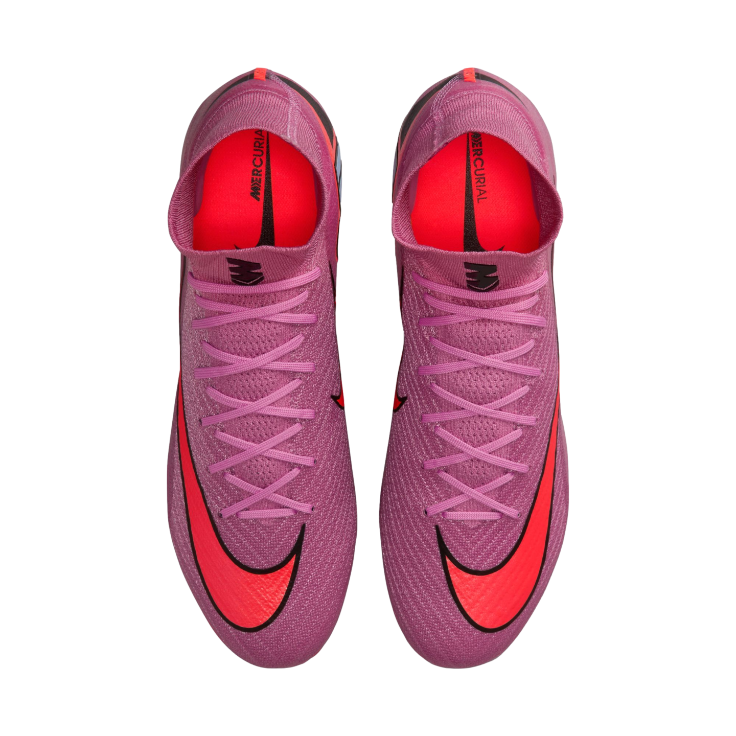 Top-down view of purple Nike Mercurial soccer cleats with bright red swooshes and laces on a black background.