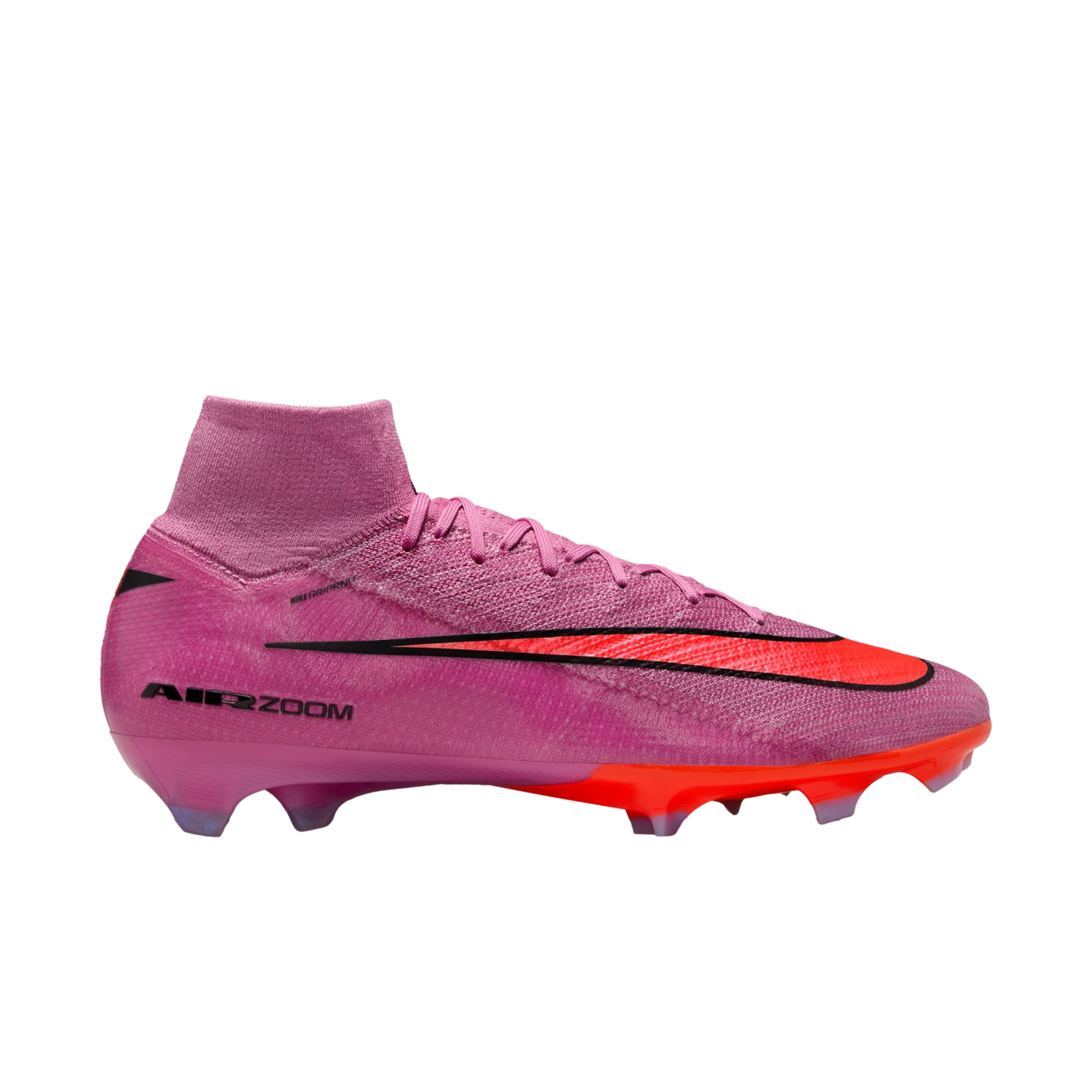 A pink Nike Air Zoom Mercurial Superfly soccer cleat with an orange sole and black swoosh, set against a black background.