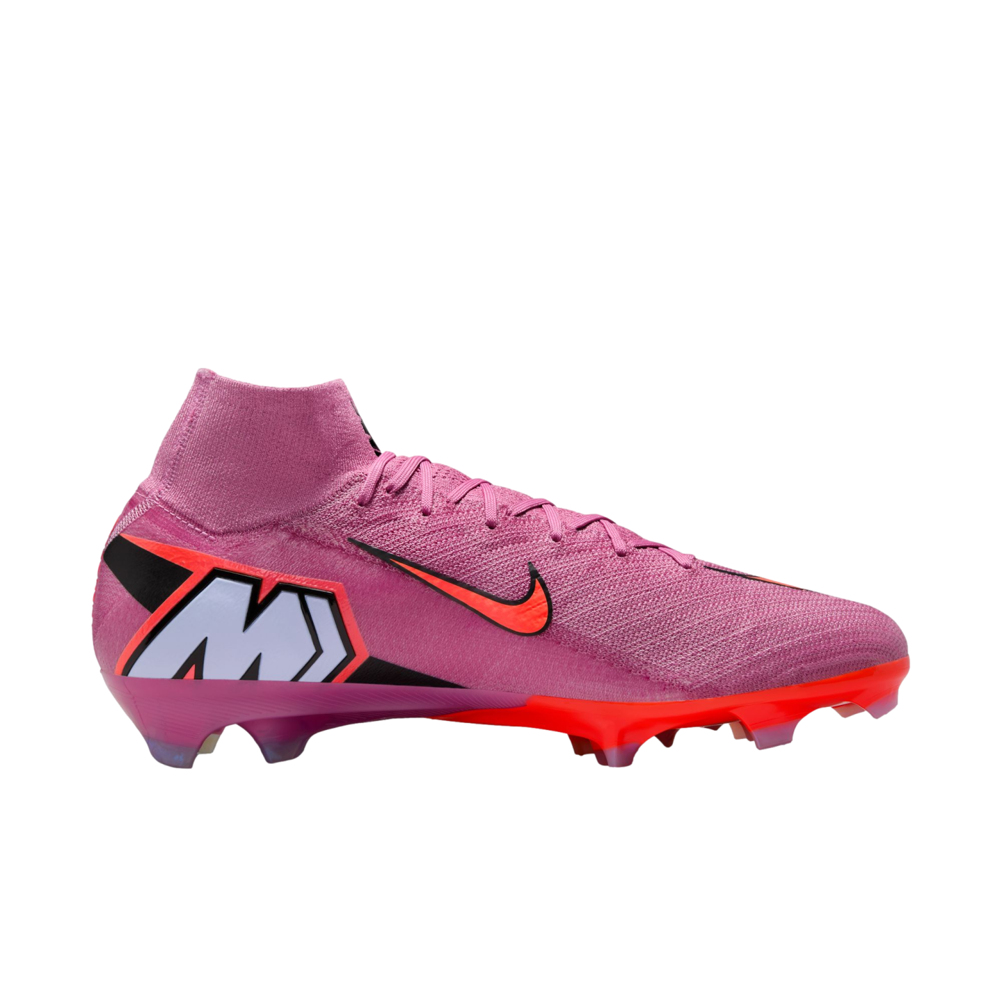 A pink Nike Mercurial soccer cleat featuring a high-top collar, orange swoosh, and large "M" logo on the heel, isolated against a black background.