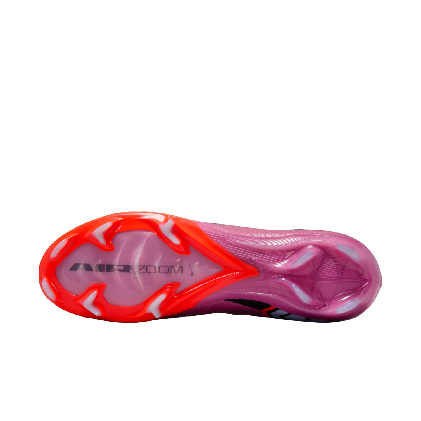 Underside view of a pink and orange soccer cleat featuring "AIR ZOOM" text and various studs against a solid black background.