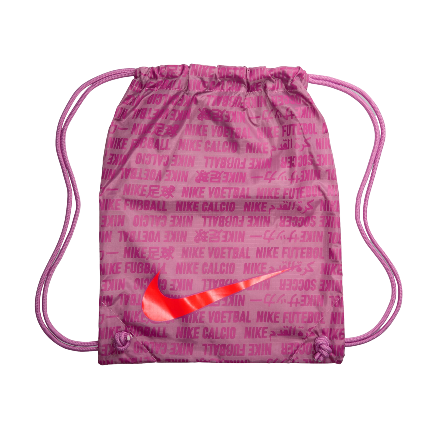 A pink Nike soccer drawstring bag with a large orange swoosh and the words "Nike soccer" in various languages printed in dark pink.