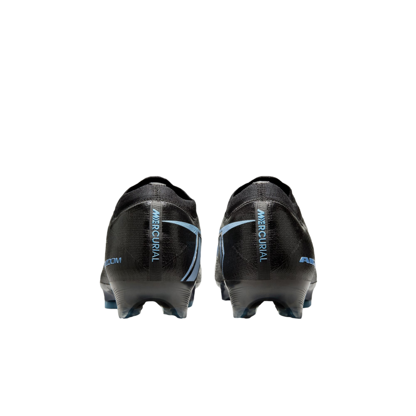 Back view of black Nike Mercurial soccer cleats with light blue accents and branding on a black background.