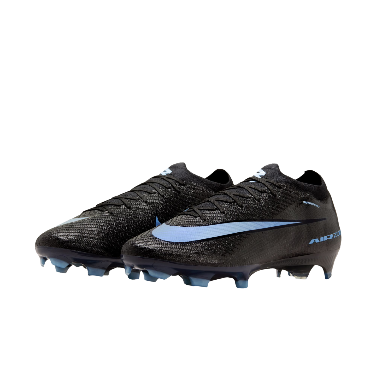 A pair of black Nike Air Zoom Mercurial Vapor soccer cleats with light blue accents on a black background.