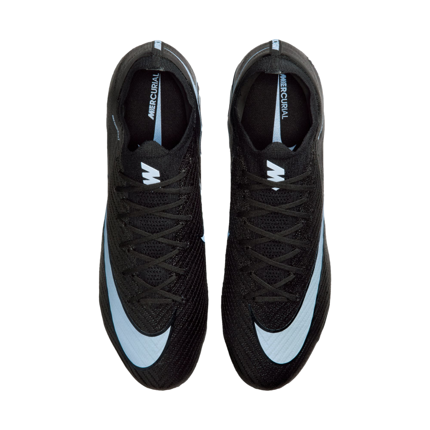 Top-down view of a pair of black Nike Mercurial soccer cleats with light blue swooshes and accents, set against a black background.