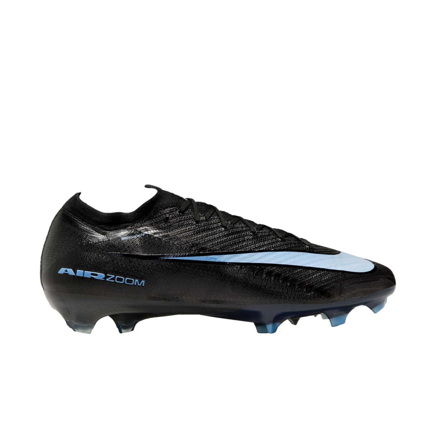 Black soccer cleat with light blue "AIR ZOOM" branding and a large light blue graphic on the side, set against a solid black background.