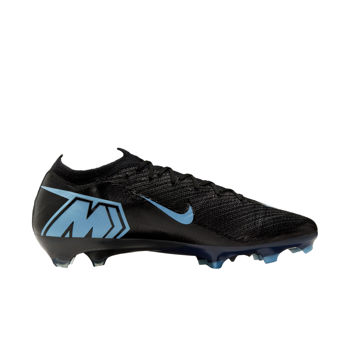 Side profile of a black Nike Mercurial soccer cleat featuring a light blue swoosh and a large "M" logo on the heel, set against a black background.