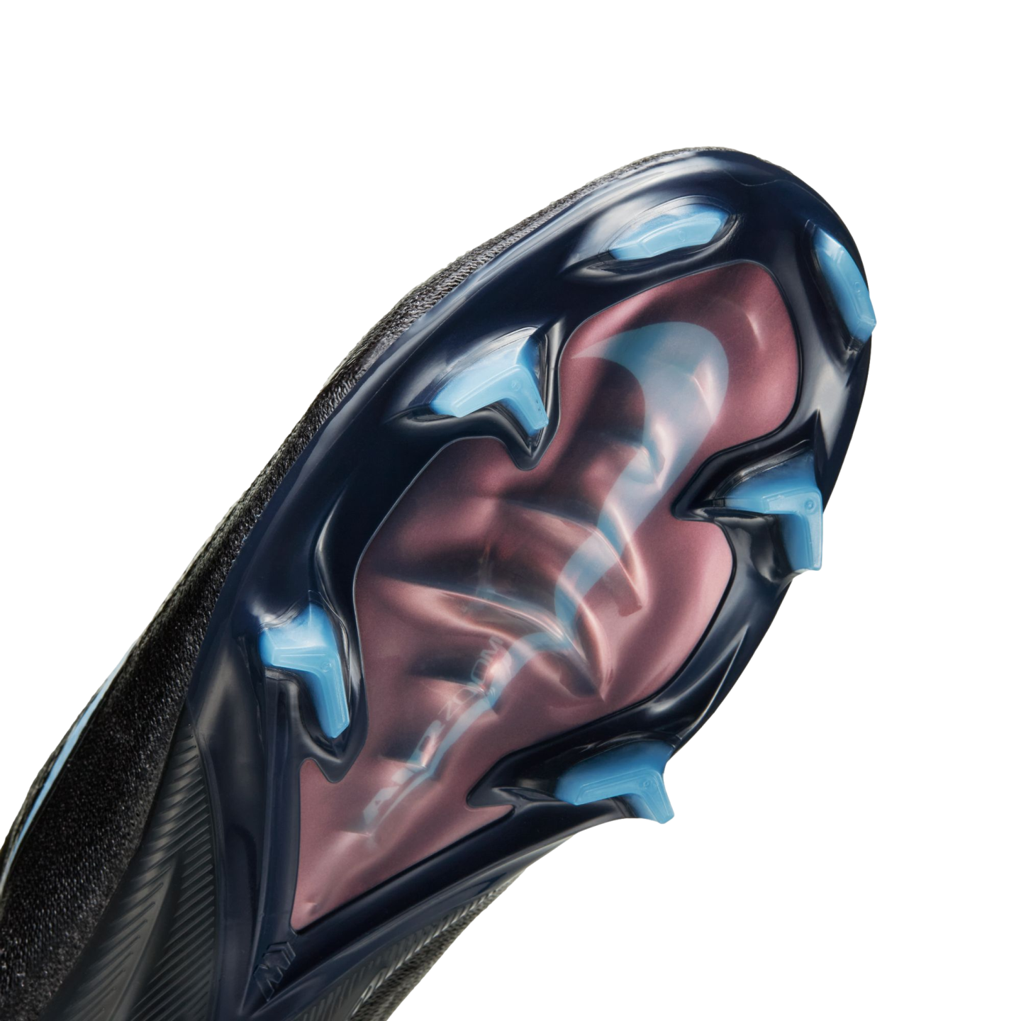 Close-up of a soccer cleat soleplate featuring light blue bladed studs and a translucent pinkish-red window with a Nike swoosh and "Air Zoom" text.