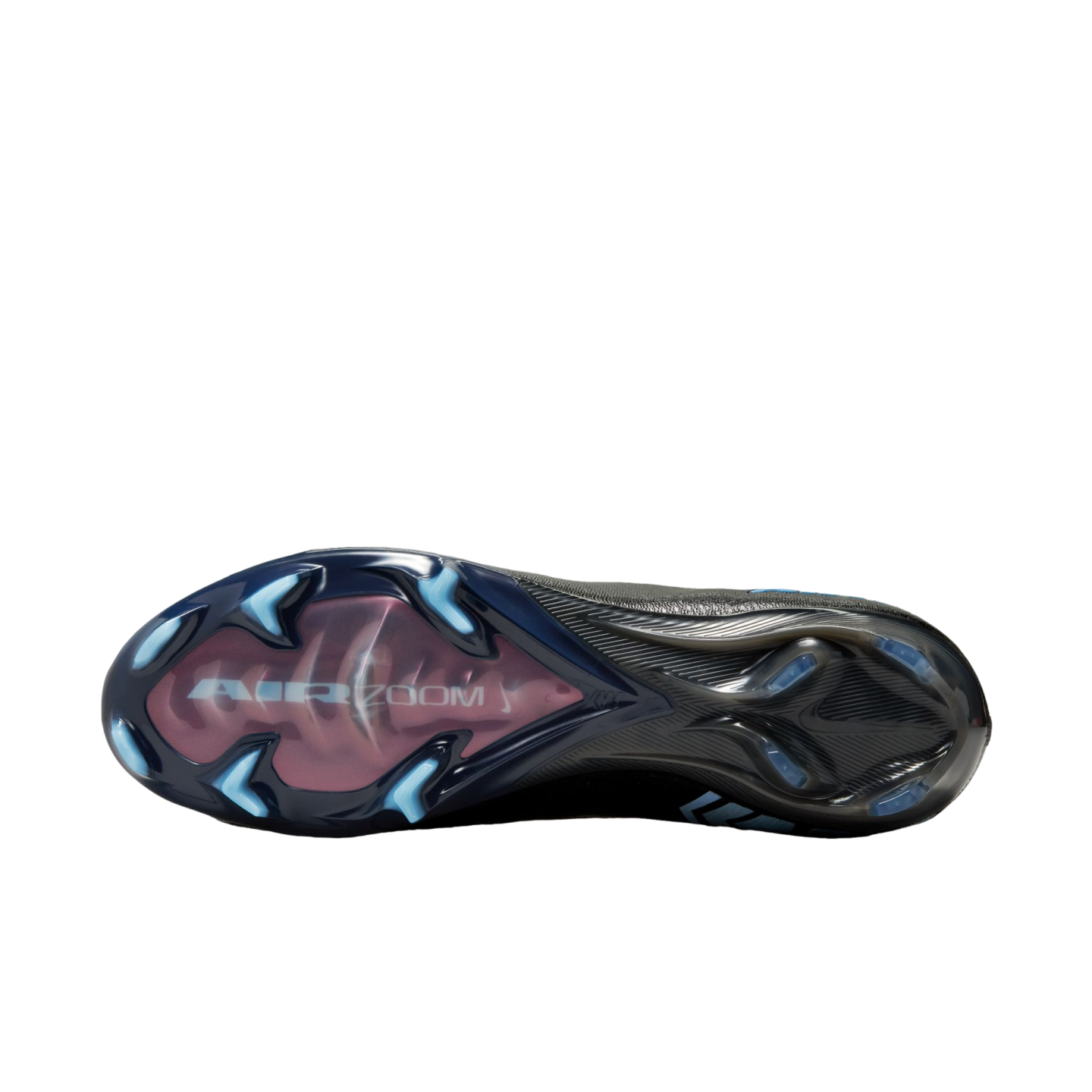 The bottom sole of a black Nike soccer cleat with blue studs and a pink window displaying "AIR ZOOM" text.