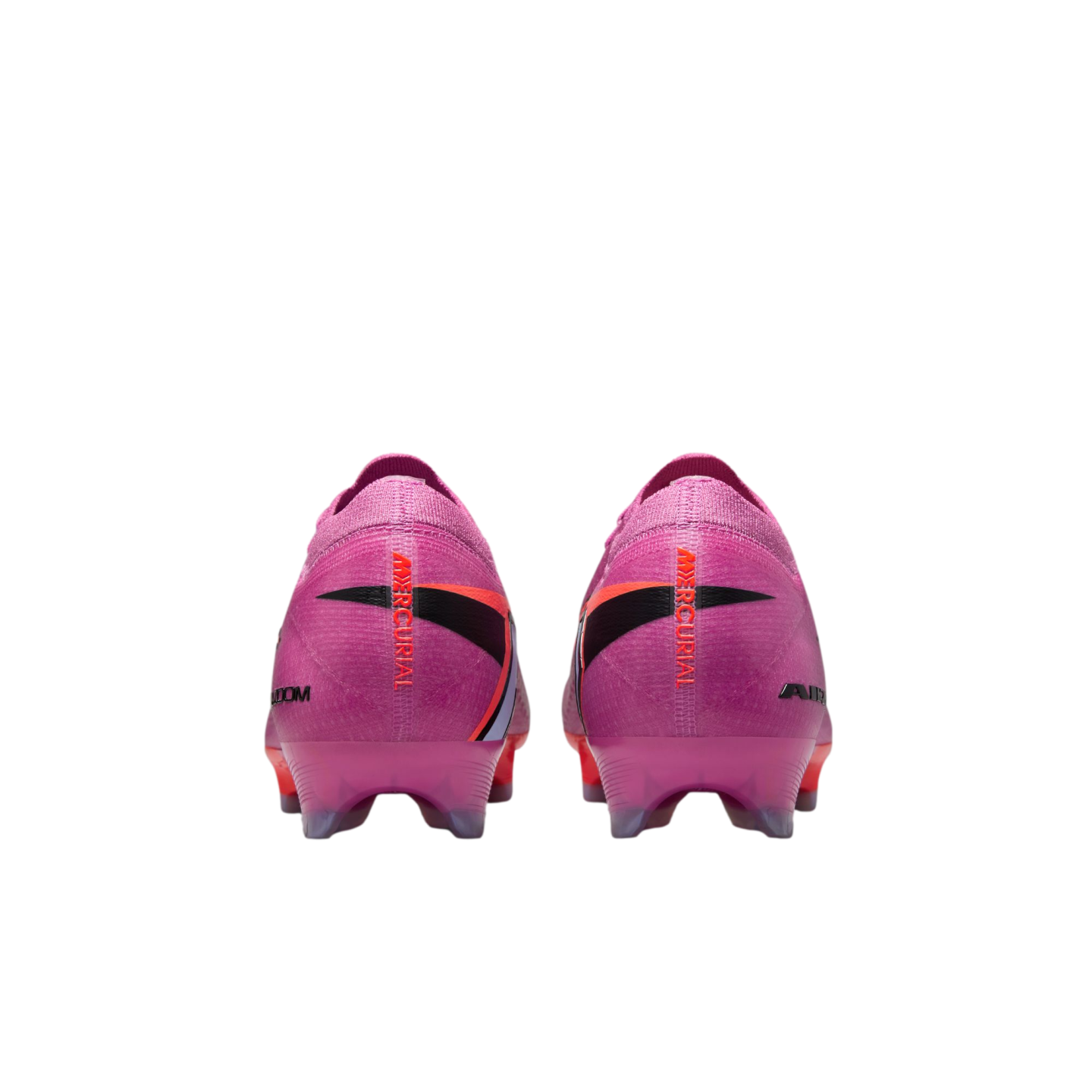 A rear view of two pink Nike Mercurial soccer cleats with orange and black accents, set against a solid black background.