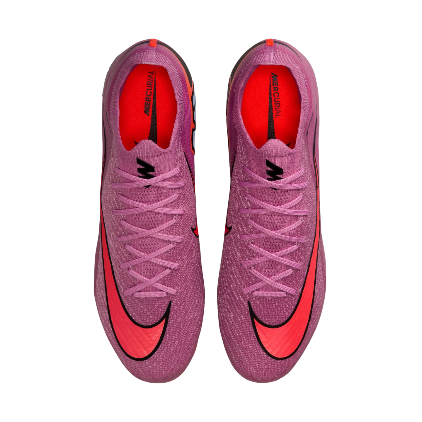Top-down view of a pair of purple Nike Mercurial soccer cleats featuring bright red swooshes and orange interiors, set against a solid black background.