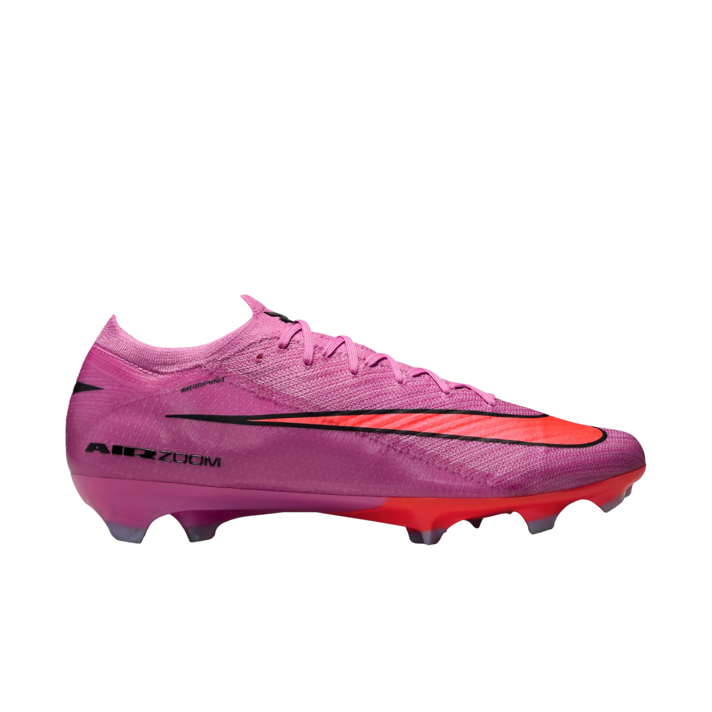 A side profile of a vibrant pink Nike Air Zoom soccer cleat with an orange-red swoosh and sole, set against a solid black background.