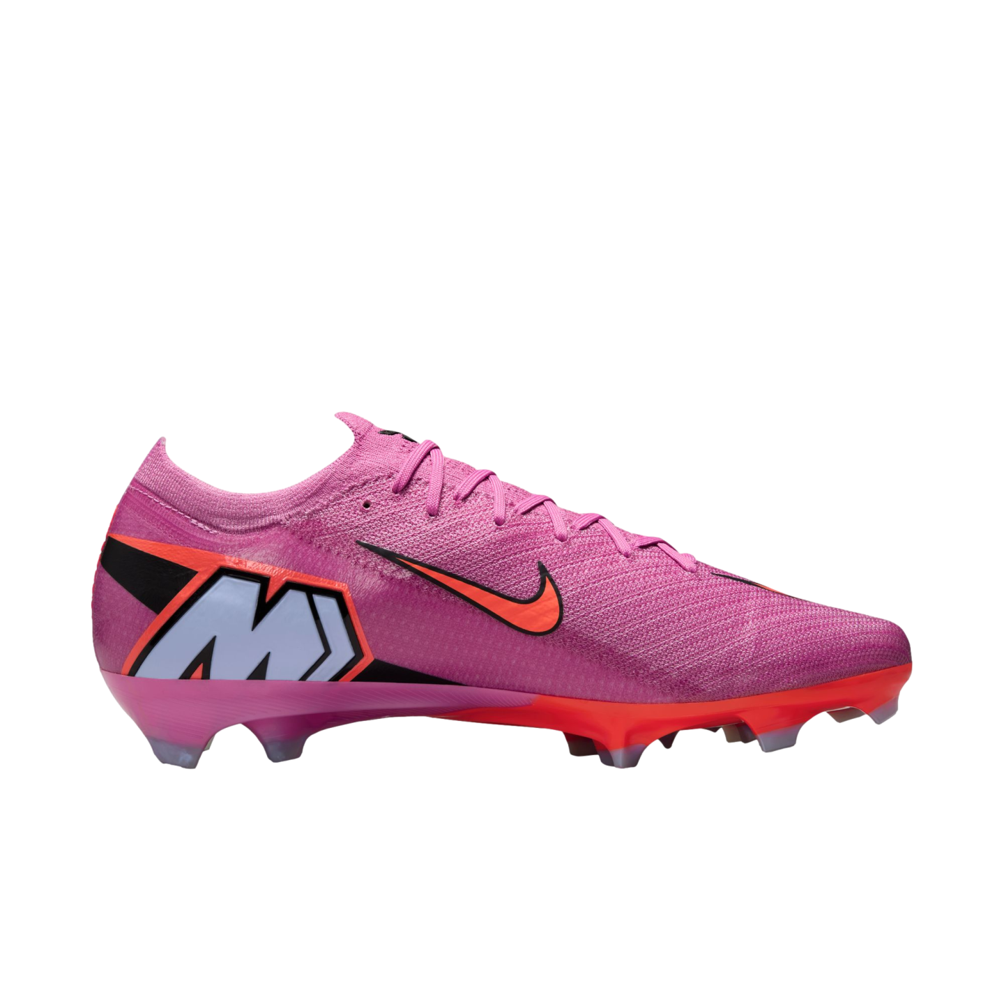 A pink Nike Mercurial soccer cleat featuring an orange swoosh and a large light blue "M" logo on the heel, set against a black background.