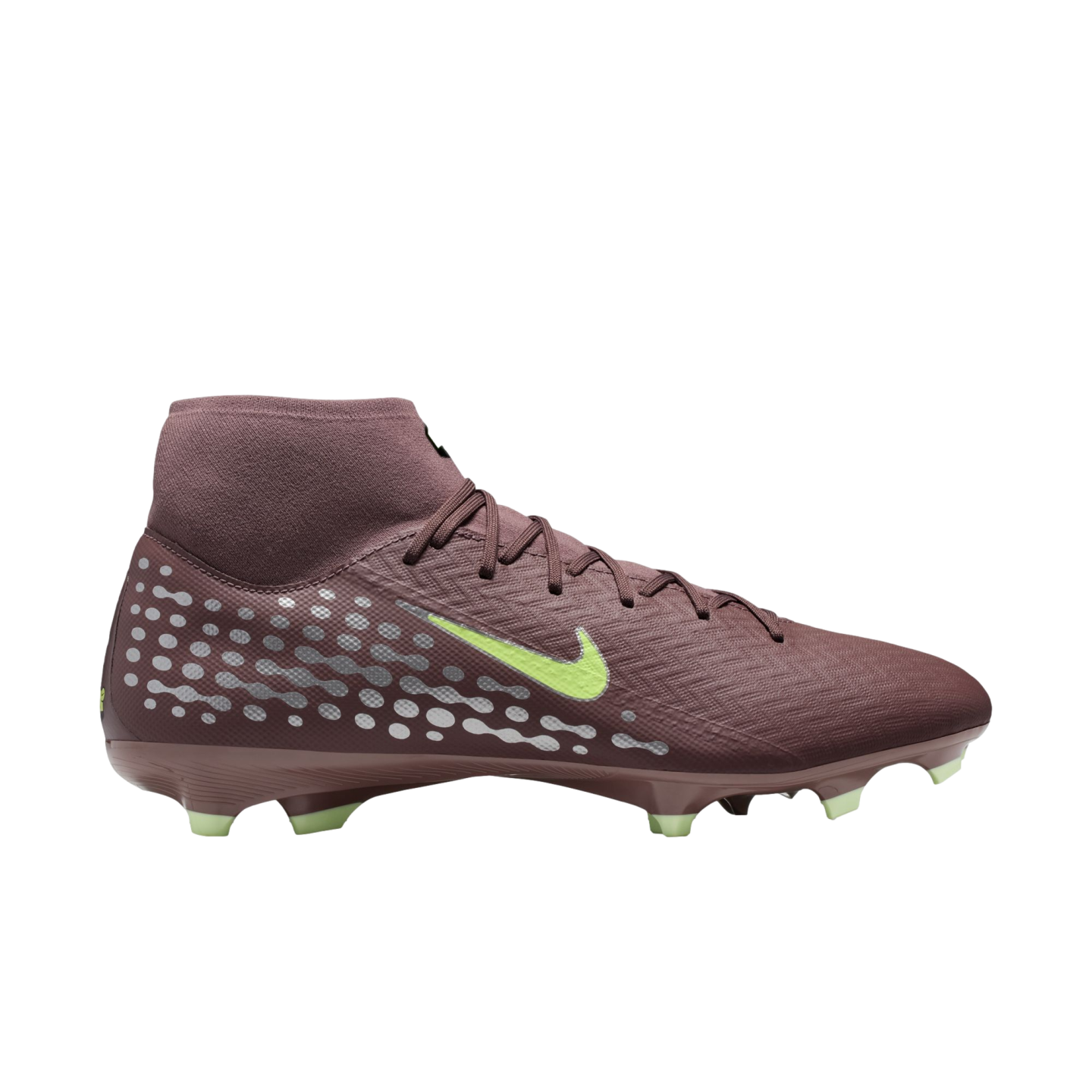 Maroon Nike soccer cleat with a high-top collar, neon green swoosh, and silver dotted heel pattern, shown in profile against a black background.