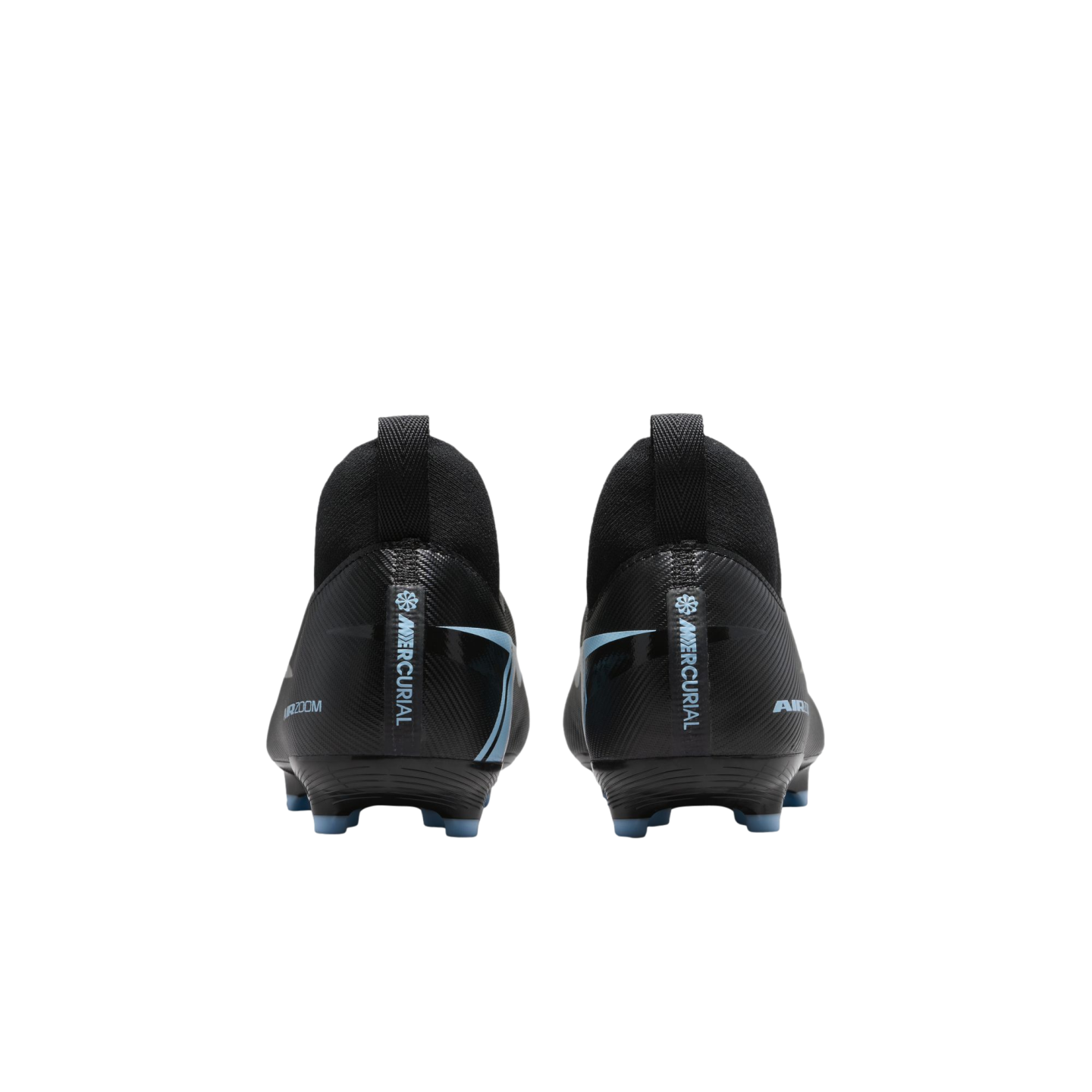 Rear view of black Nike Mercurial soccer cleats with light blue accents. Features include vertical heel branding and a textured finish on a solid black background.