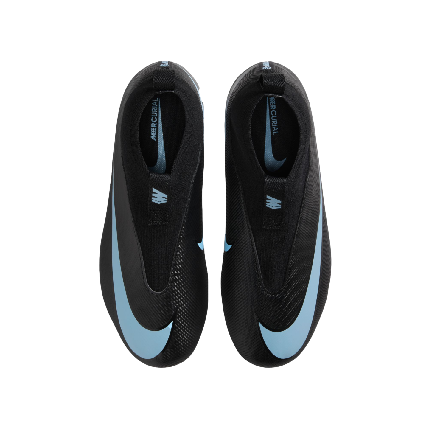 Top-down view of black Nike Mercurial soccer cleats with light blue swoosh logos and accents.