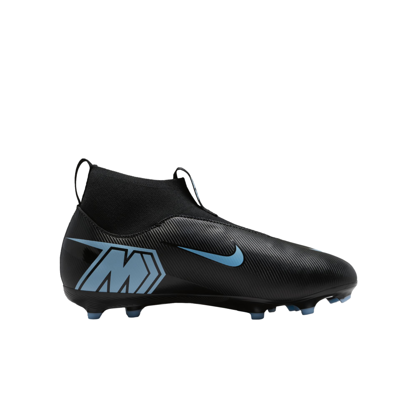 Black Nike Mercurial soccer cleat with light blue accents: side swoosh, heel 'M' logo, and studs. Features a textured upper and high-top sock collar against a black background.