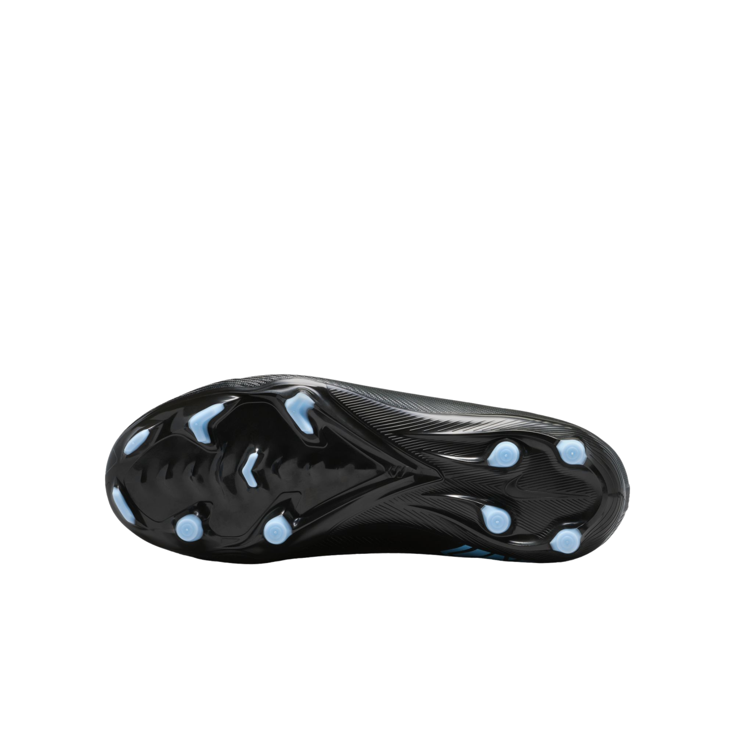 Bottom view of a black Nike soccer cleat featuring light blue studs, set against a solid black background.