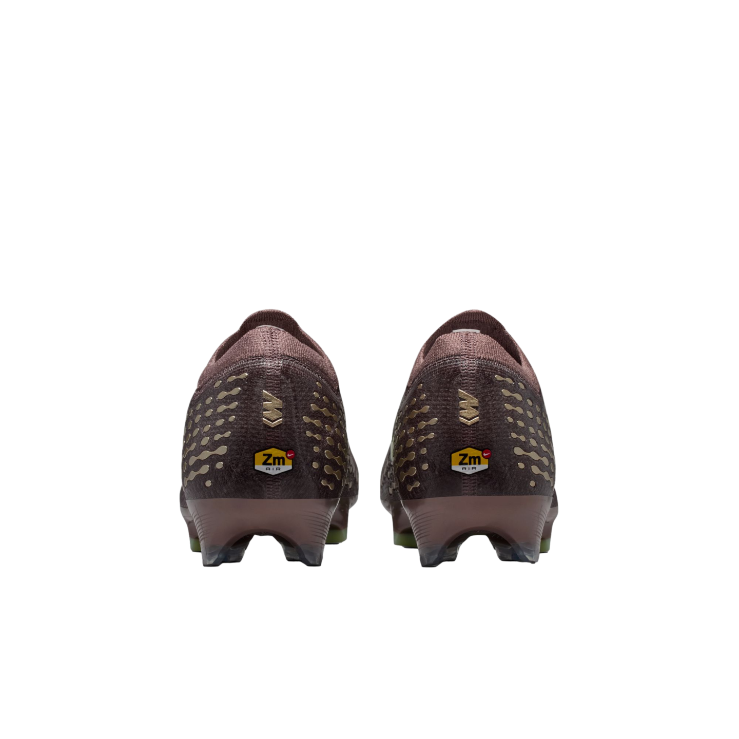 Rear view of two maroon soccer cleats with gold patterned details and a yellow "Zm Air" logo on each heel, set against a solid black background.