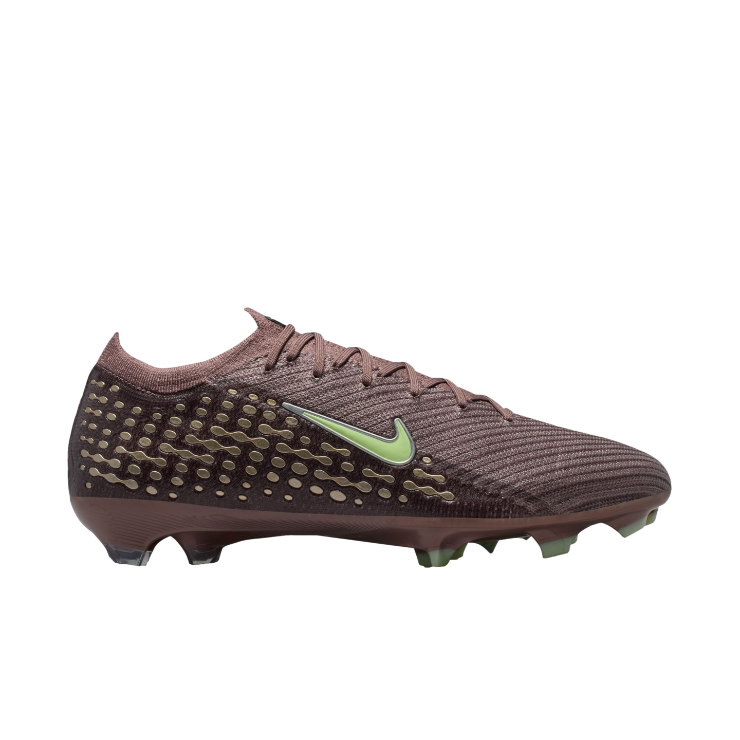 Profile view of a maroon Nike soccer cleat featuring a lime green swoosh and a gold textured pattern on the heel, set against a black background.