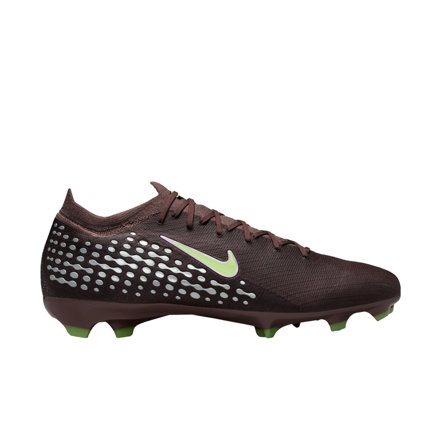 Side view of a burgundy low-cut Nike soccer cleat featuring silver textured accents on the heel, a lime green swoosh, and lime green studs against a black background.