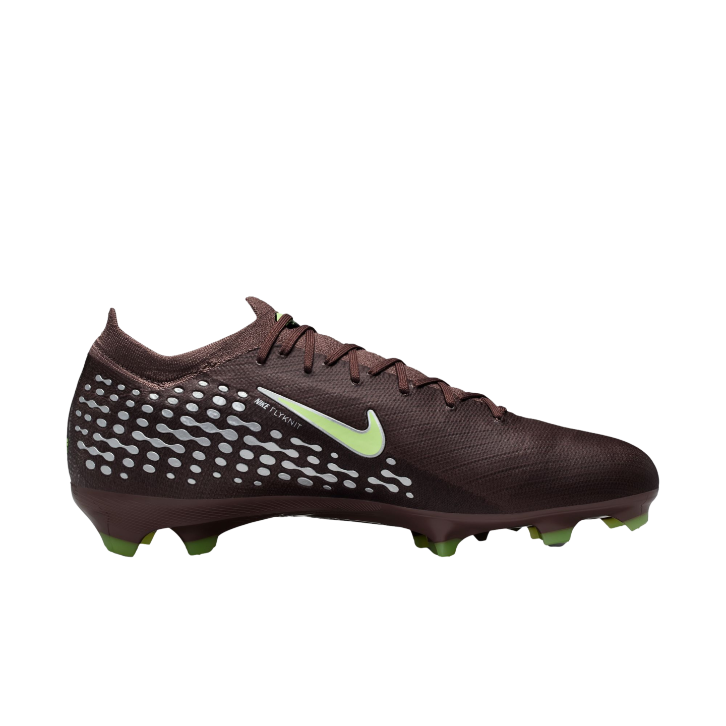 A dark burgundy Nike Flyknit soccer cleat with a lime green swoosh and studs. The side has a white dotted pattern. Profile view on a black background.