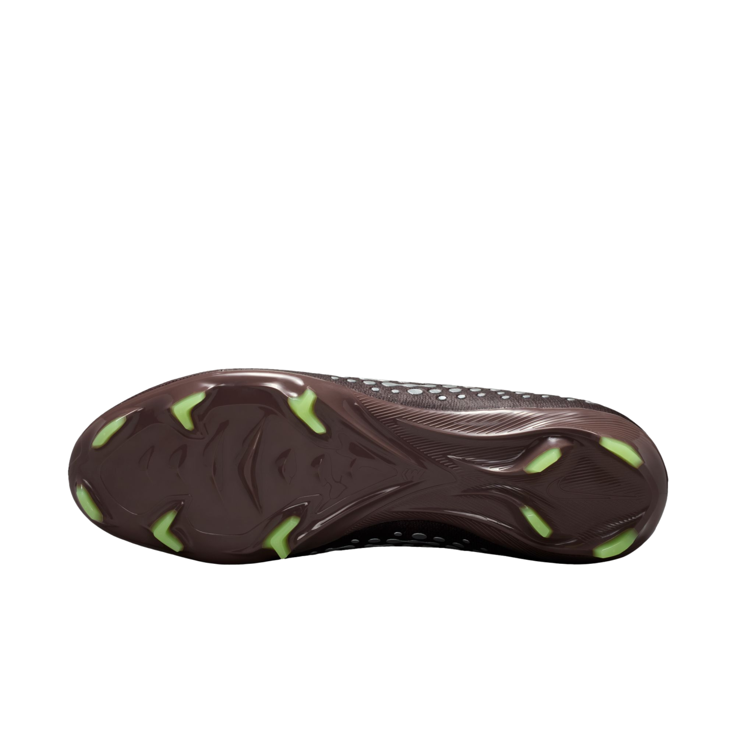 Sole of a dark brown soccer cleat with neon green studs, shown against a black background.