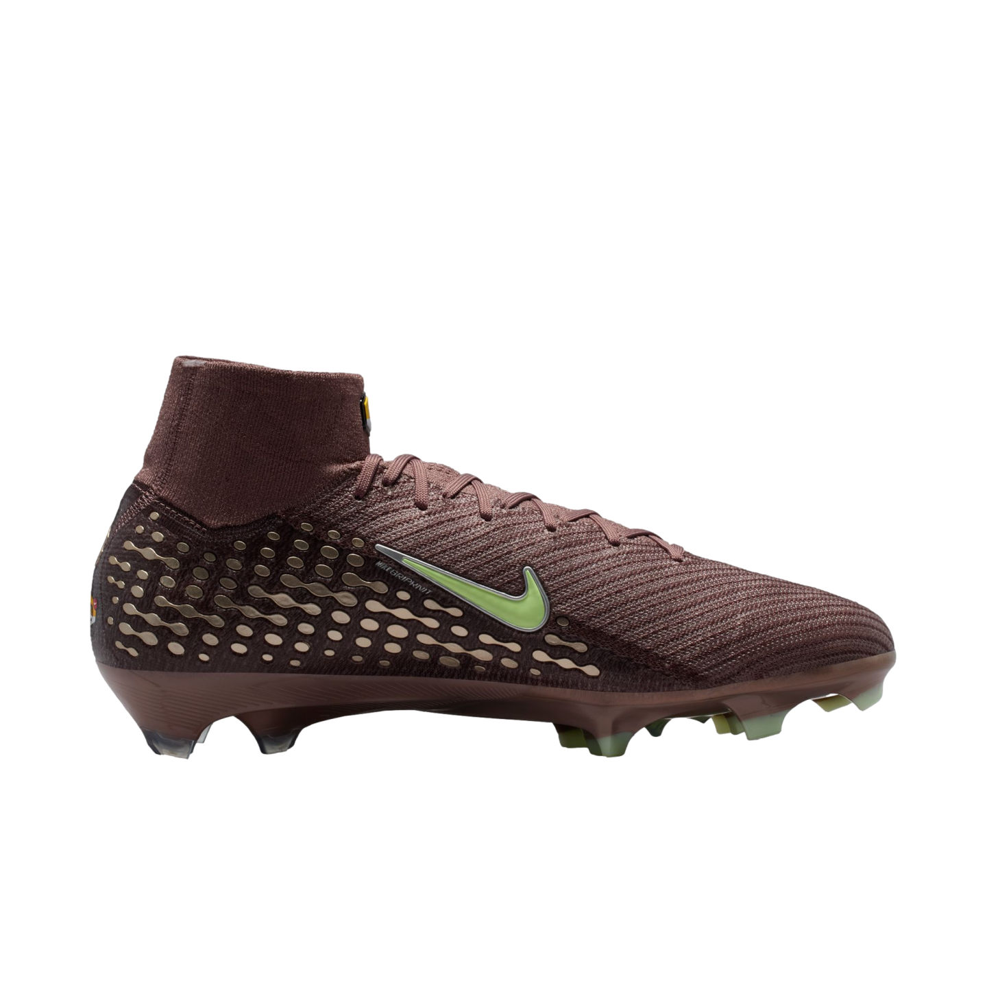 Side view of a maroon Nike soccer cleat with a lime green swoosh and textured high-top collar against a solid black background.