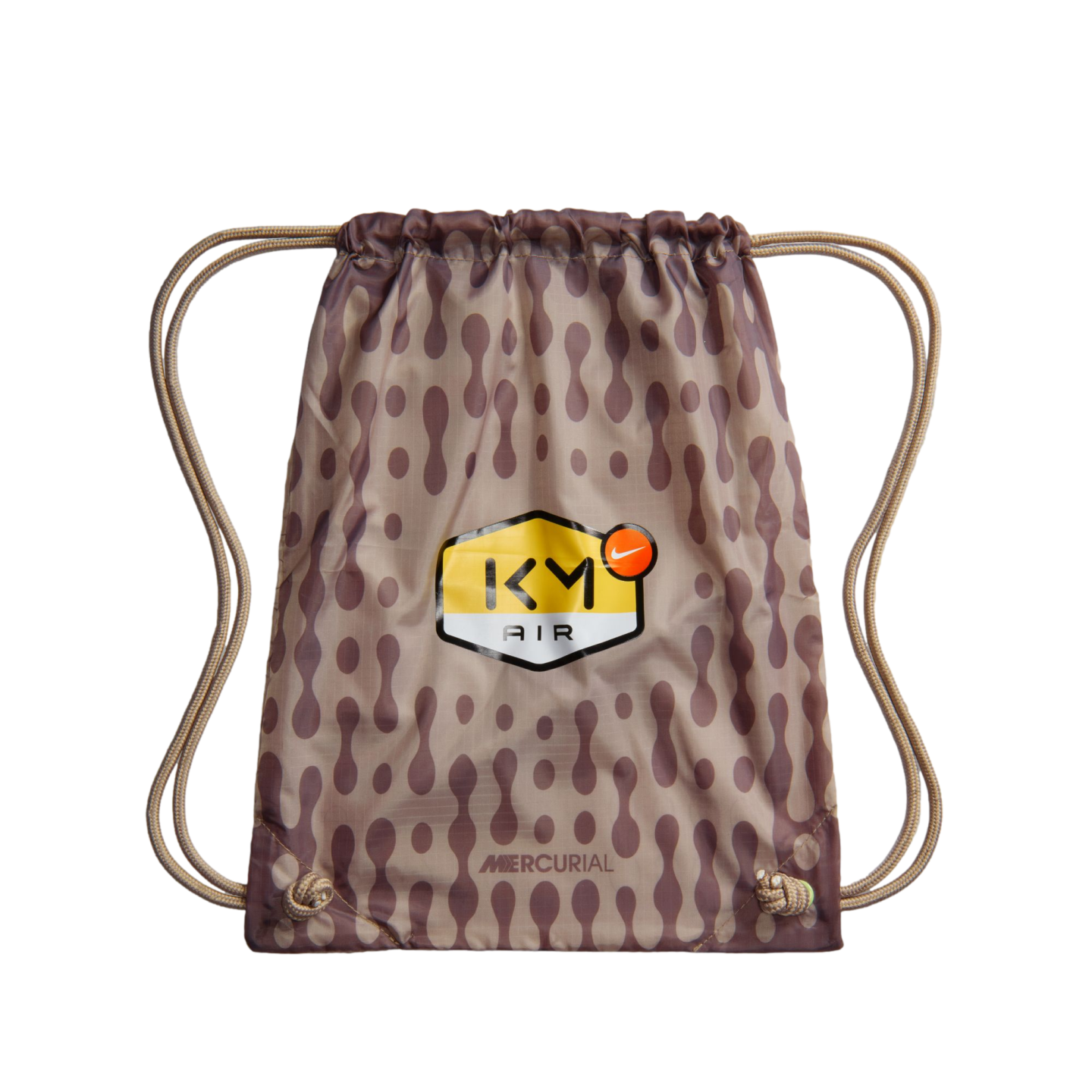 Nike Mercurial drawstring bag in tan and brown pattern, featuring a "KM AIR" logo shield and beige rope straps.