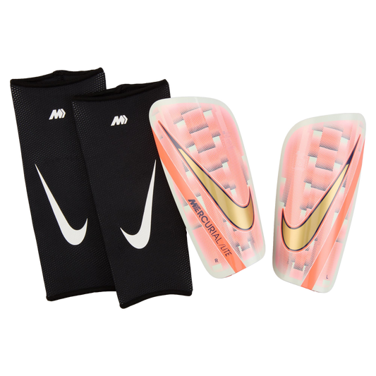 (NIKE-HF0550-100) Espinilleras Nike SIGNT Mercurial Lite [BLANCO/VERDE LIGERO/MONEDA DORADA MTLC] (lanzamiento el 1/10/24)