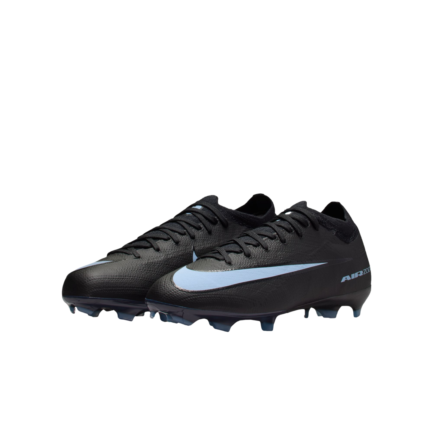 A pair of black Nike soccer cleats with a light blue swoosh and matching blue sole studs, set against a solid black background.