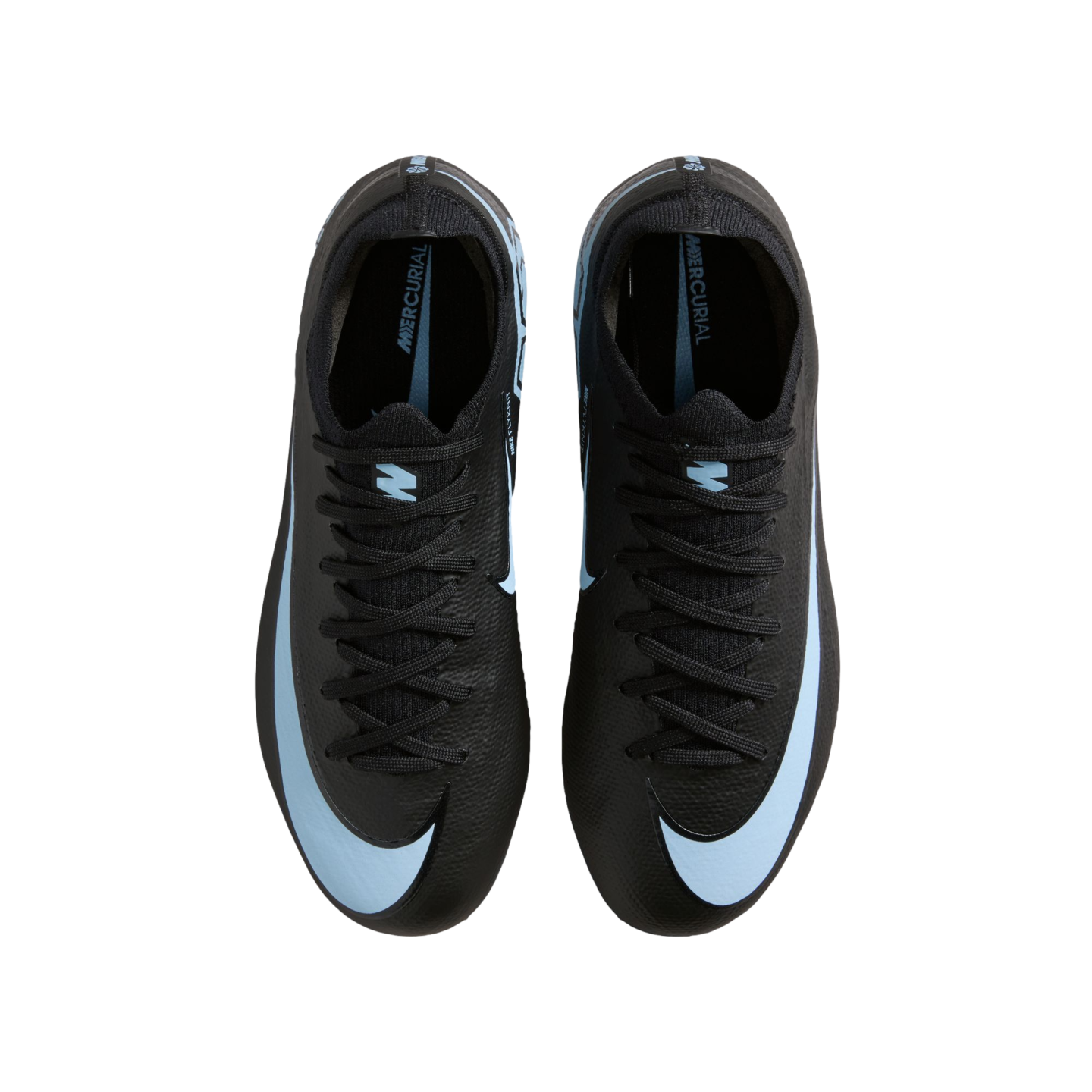 Top-down view of black Nike Mercurial soccer cleats featuring light blue Nike swooshes on a solid black background.