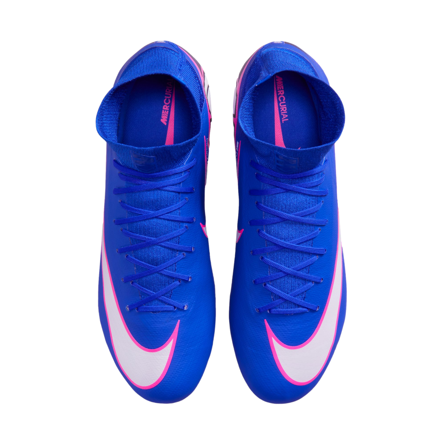 Top-down view of royal blue Nike Mercurial soccer cleats with white and pink swooshes, high-top collars, and blue laces on a black background.