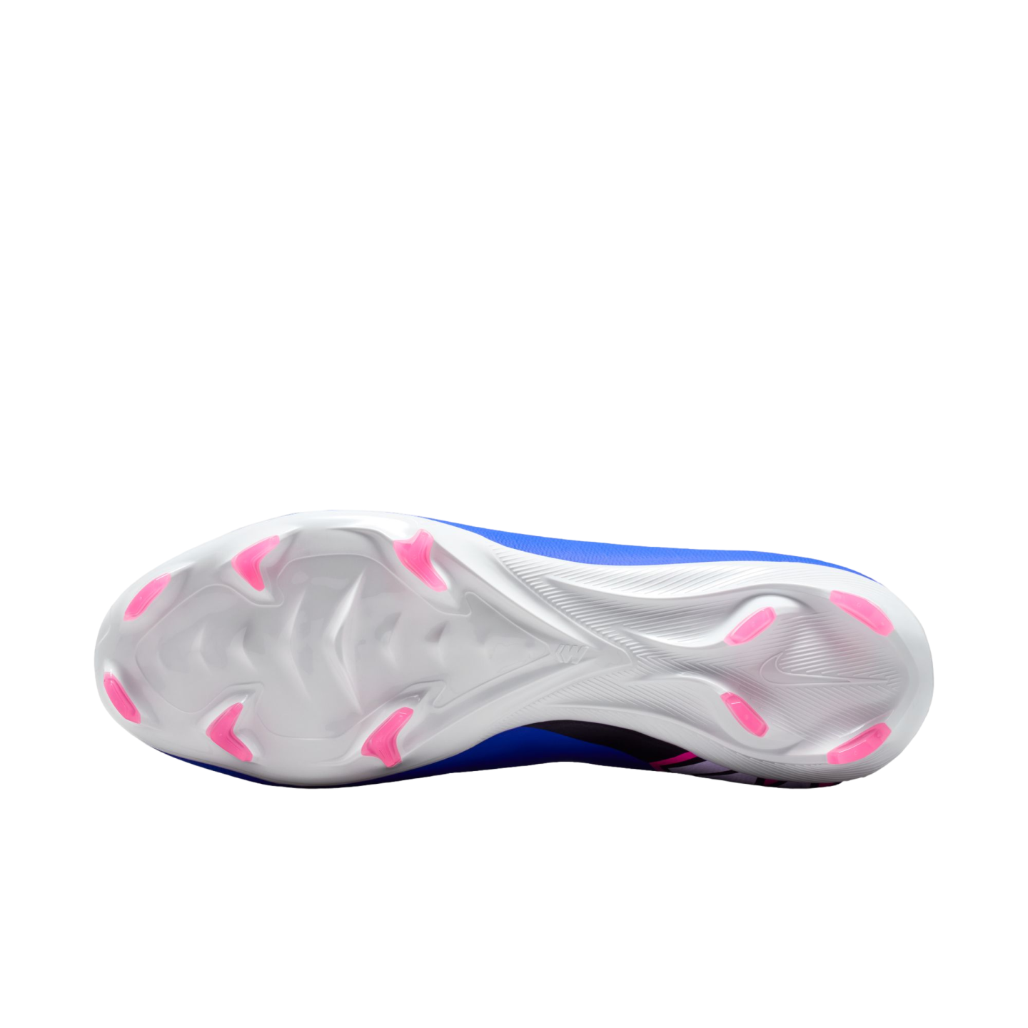Underside of a Nike soccer cleat featuring a white soleplate with pink chevron-shaped studs, set against a solid black background.