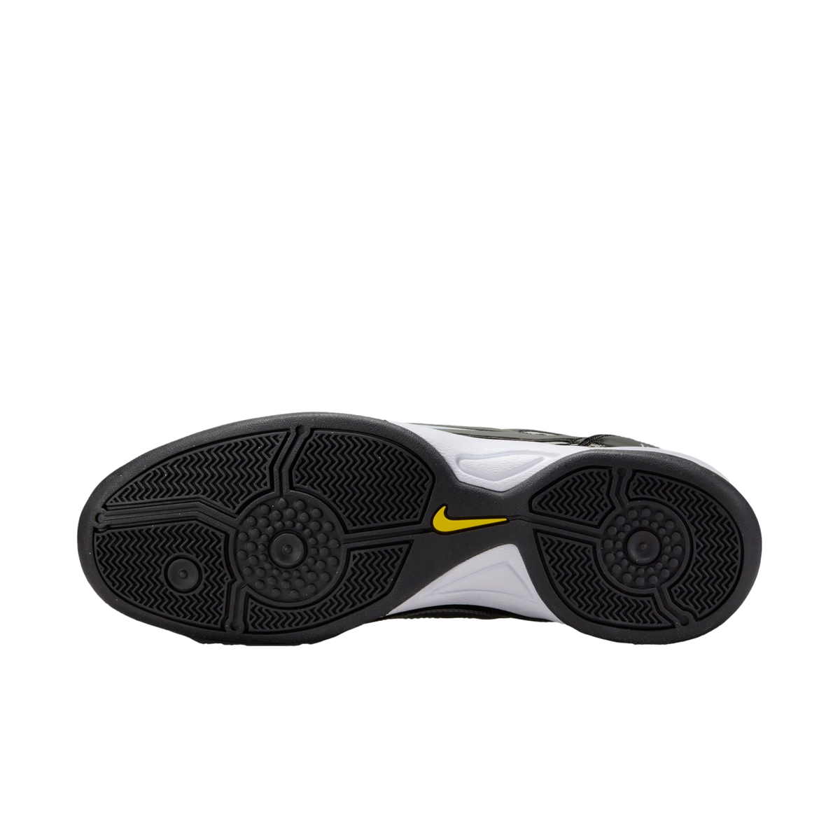 Underside of a black Nike basketball shoe with a herringbone traction pattern, two circular pivot points, and a yellow swoosh logo in the arch.