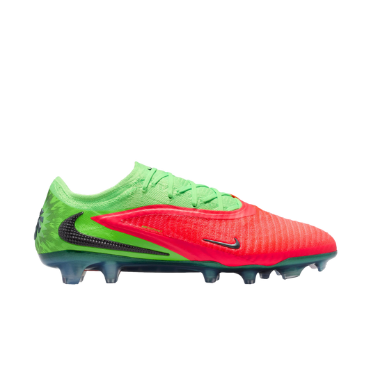 A Nike Phantom GX soccer cleat featuring a lime green upper, bright red-orange forefoot, and black Nike swooshes against a black background.
