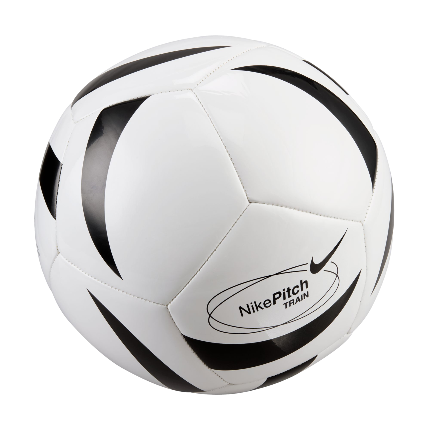 White Nike Pitch training soccer ball with black curved stripe designs, isolated on a black background.